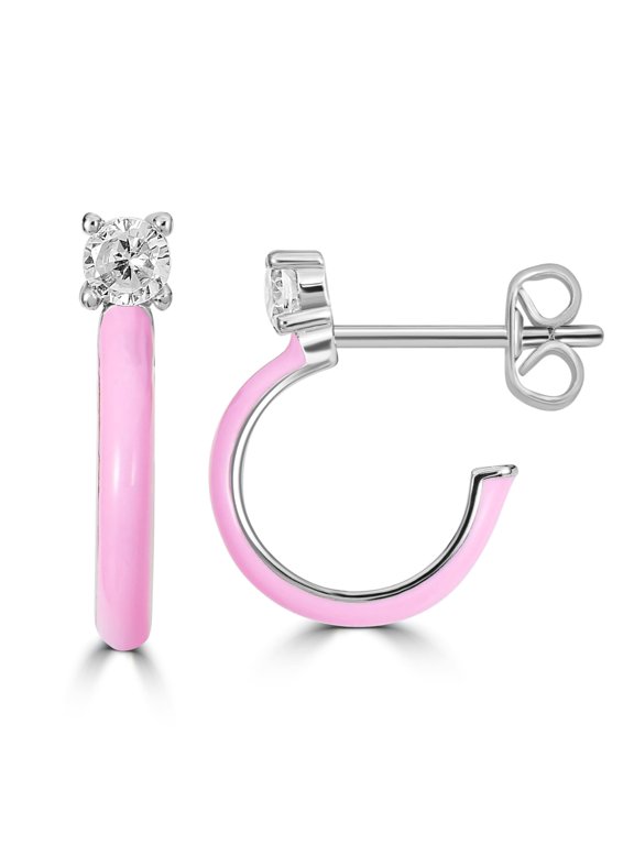 Bob Mackie Jewelry Silver Plated Brass Cubic Zirconia Pink Enamel Hoop Earrings