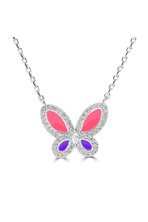 Bob Mackie Jewelry Silver Plated Brass Pink, Purple and White Cubic Zirconia Butterfly Pendant Necklace, 16-18 Inches