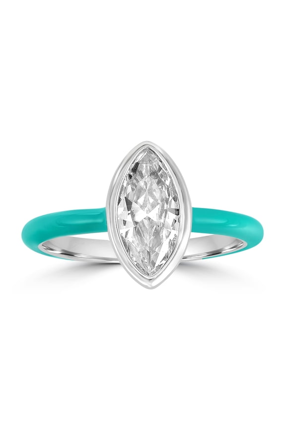 Bob Mackie Jewelry Silver Plated Brass Turquoise Enamel Marquise Cut White Cubic Zirconia Ring, Size 8