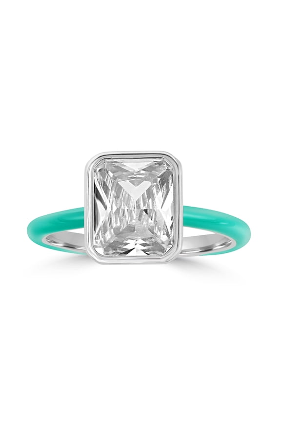 Bob Mackie Jewelry Silver Plated Brass Turquoise Enamel Rectangular Cut White Cubic Zirconia Ring, Size 8