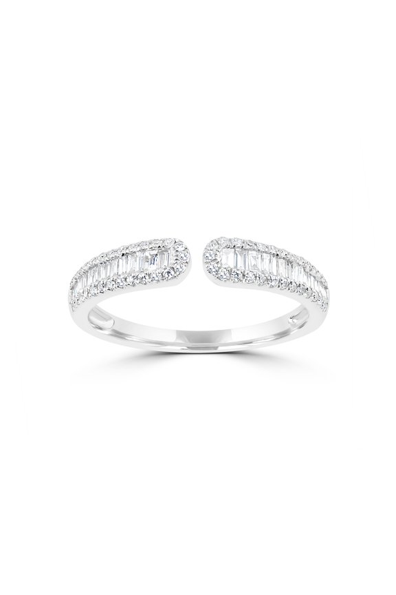 Cuff Ring With 0.34Ct Baguette and Round Diamond In 14K White Gold For Women