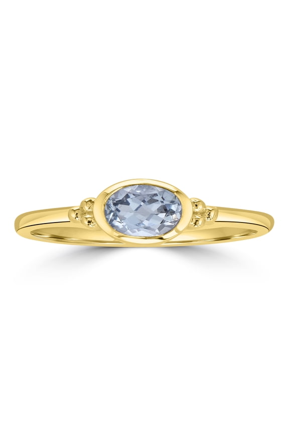 East-West 14k Gold over Sterling Silver Swiss Blue Topaz Gemstone Stackable Solitaire Bezel Ring