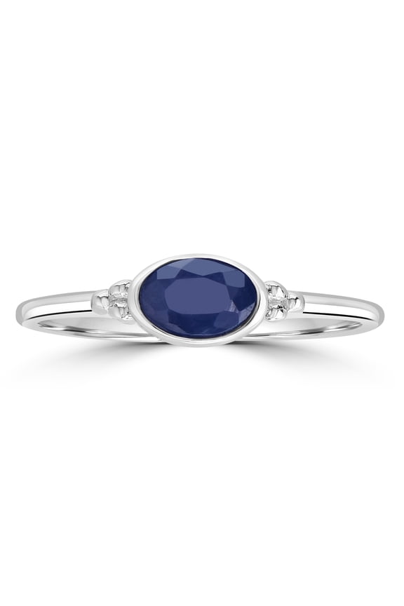 East-West Sterling Silver Blue Sapphire Gemstone Stackable Solitaire Bezel Ring, Size 8