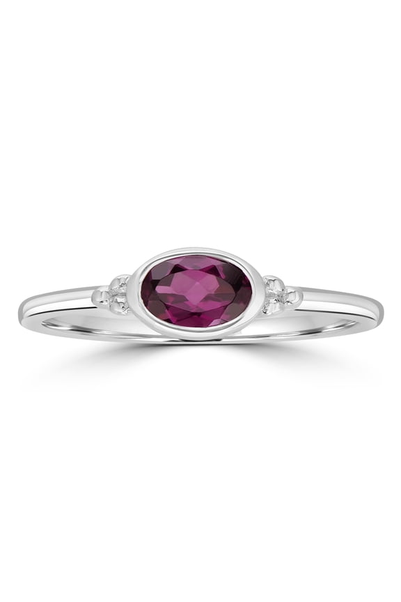 East-West Sterling Silver Rhodolite Gemstone Stackable Solitaire Bezel Ring, Size 6