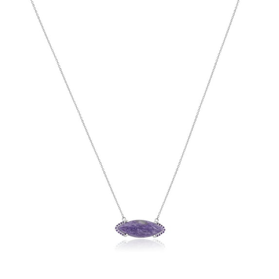 Gemistry "GG Collection" Bold Marquise Charoite Bar Pendant Necklace in 925 Sterling Silver