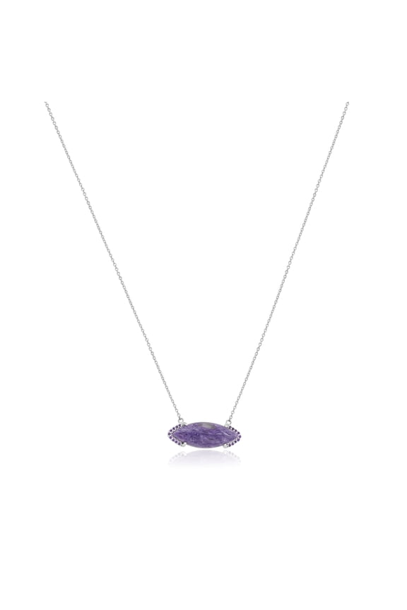 "GG Collection" Bold Marquise Charoite Bar Pendant Necklace in 925 Sterling Silver