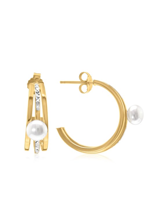 Judy Crowell Jewelry Gold Over Sterling Silver and Rhodium Diamond Cut Triple Hoop Earrings with Freshwater Pearl