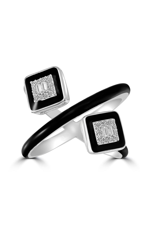 Judy Crowell Jewelry Sterling Silver Black Enamel Cubic Zirconia Cuff Ring, Size 9