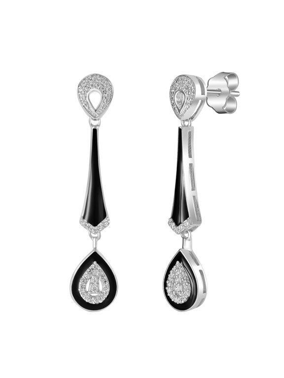 Judy Crowell Jewelry Sterling Silver Black Enamel Cubic Zirconia Drop Earrings