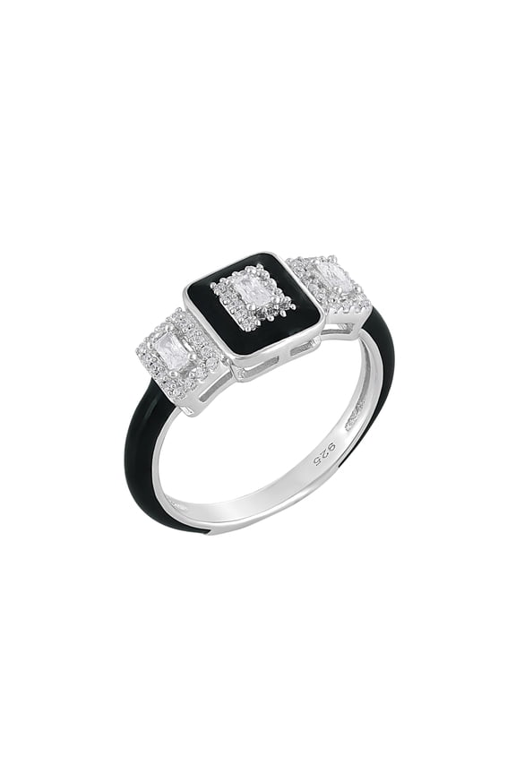 Judy Crowell Jewelry Sterling Silver Black Enamel Cubic Zirconia Three Rectangle Ring, Size 8