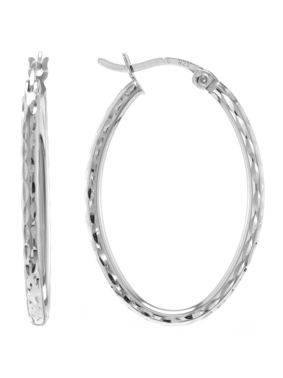 Judy Crowell Jewelry Sterling Silver Classic Diamond Cut Oval Hoop Earrings