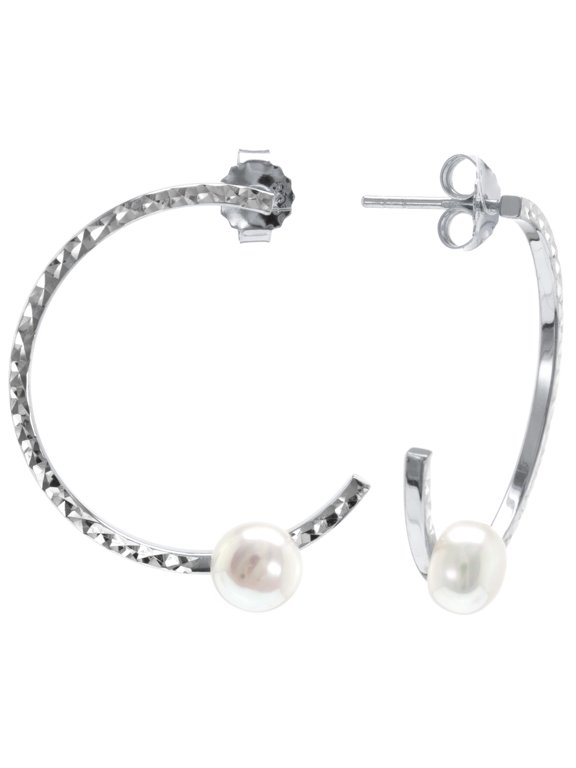 Judy Crowell Jewelry Sterling Silver and Rhodium Diamond Cut Hoop Earrings with Freshwater Pearl