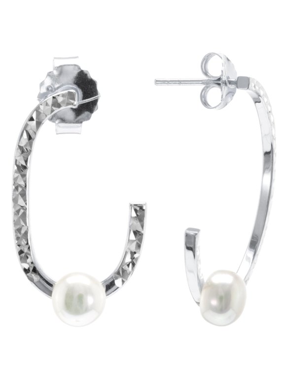Judy Crowell Jewelry Sterling Silver and Rhodium Diamond Cut Rectangle J Hoop Earrings with Freshwater Pearl