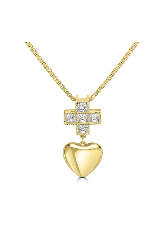 Kathy Levine 14K Gold-Plated Sterling Silver Cubic Zirconia Cross and Heart Pendant Necklace, 18 to 20 Inches