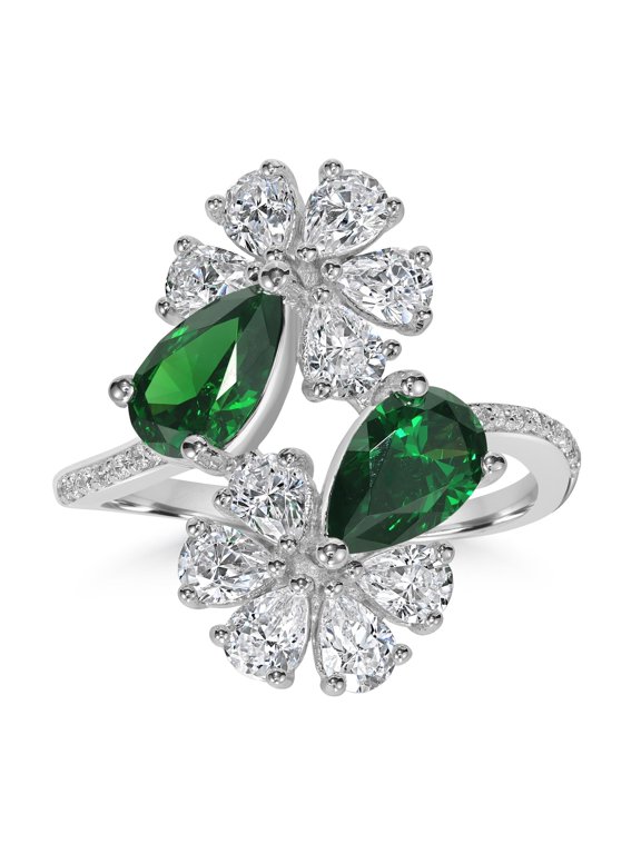 Kathy Levine Sterling Silver White and Emerald Cubic Zirconia Double Flower Pear and Round Bypass Ring, Size 6