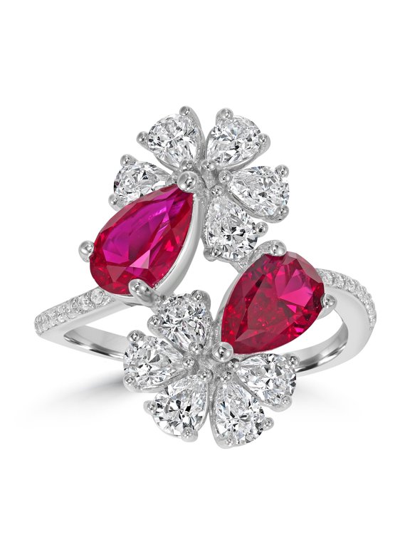 Kathy Levine Sterling Silver White and Ruby Cubic Zirconia Double Flower Pear and Round Bypass Ring, Size 7
