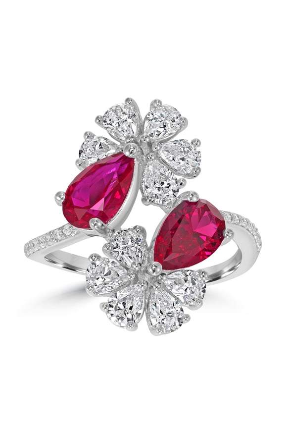 Kathy Levine Sterling Silver White and Ruby Cubic Zirconia Double Flower Pear and Round Bypass Ring, Size 9