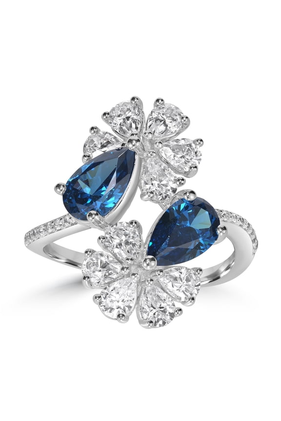 Kathy Levine Sterling Silver White and Sapphire Cubic Zirconia Double Flower Pear and Round Bypass Ring, Size 8