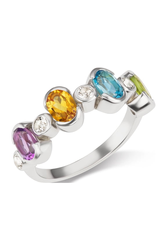 Rainbow Oval Gemstone Band Ring, Sterling Silver