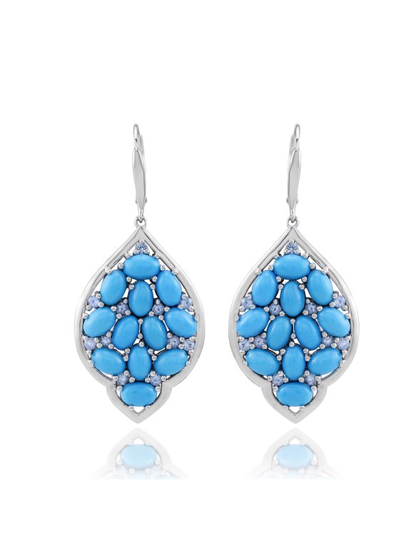 Sleeping Beauty Turquoise & Blue Topaz Cluster Lever Back Drop Earrings, Sterling Silver