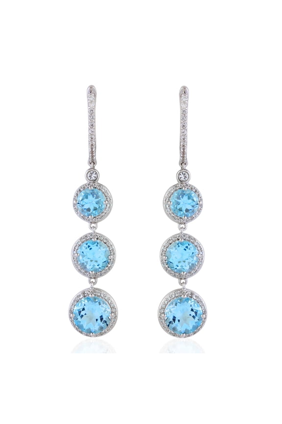 Swiss Blue Topaz and White Zircon Halo Drop Earrings, Sterling Silver