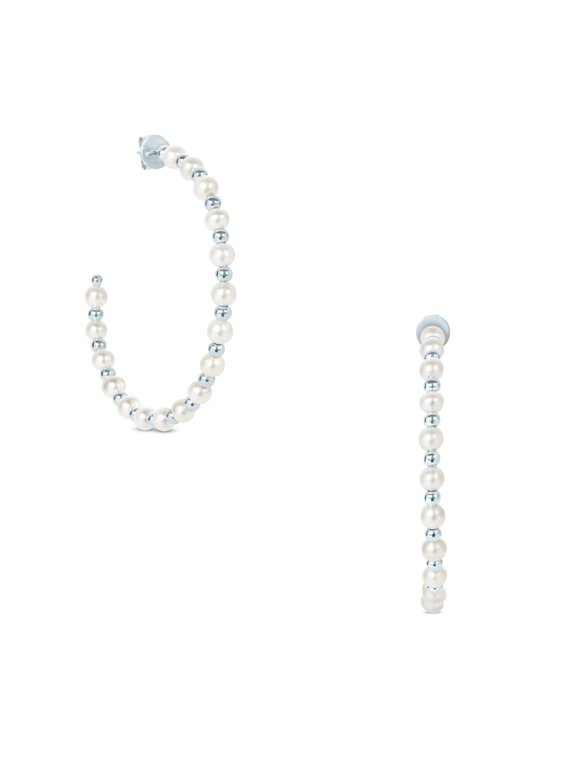 White Cultured Freshwater Pearl Hoop Earrings in 925 Sterling Silver for Women