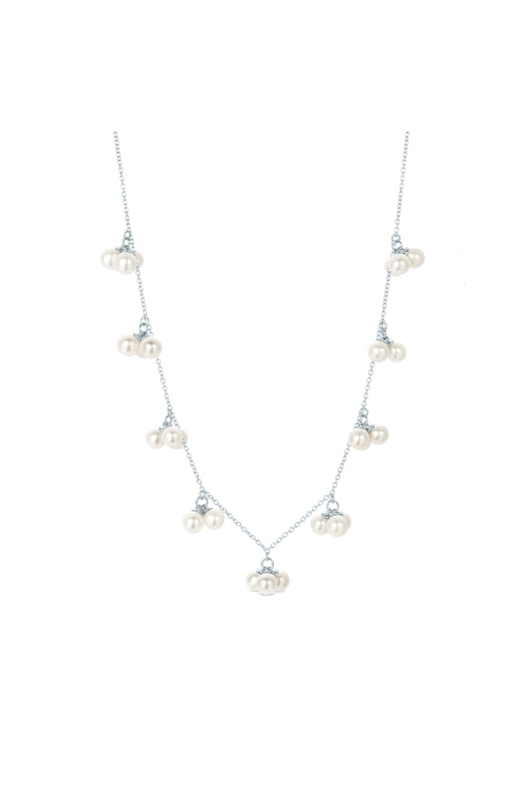 White Cultured Freshwater Pearl Station Necklace in Sterling Silver for Women