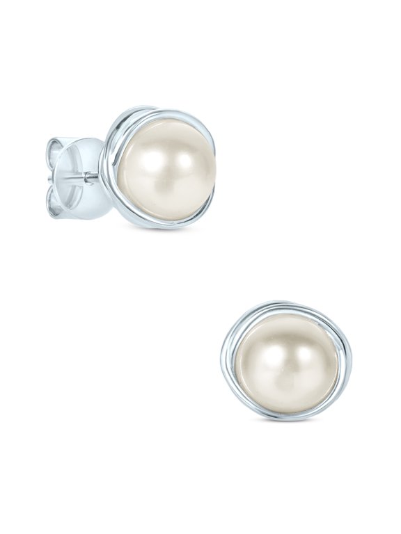 White Cultured Freshwater Pearl Stud Earrings in 925 Sterling Silver for Women