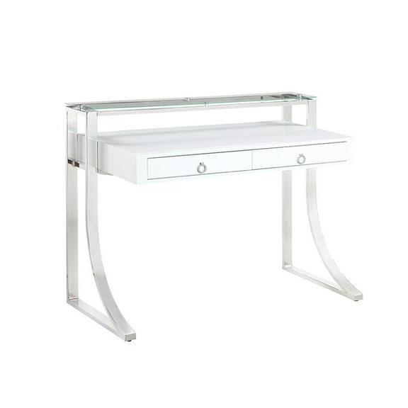 Gemma 2-drawer Writing Desk Glossy White and Chrome