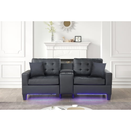 Gemma 85" Black PU Leather Sofa with LED Lights, USB Charger, Storage Console & Cupholders, Tufted Cushions