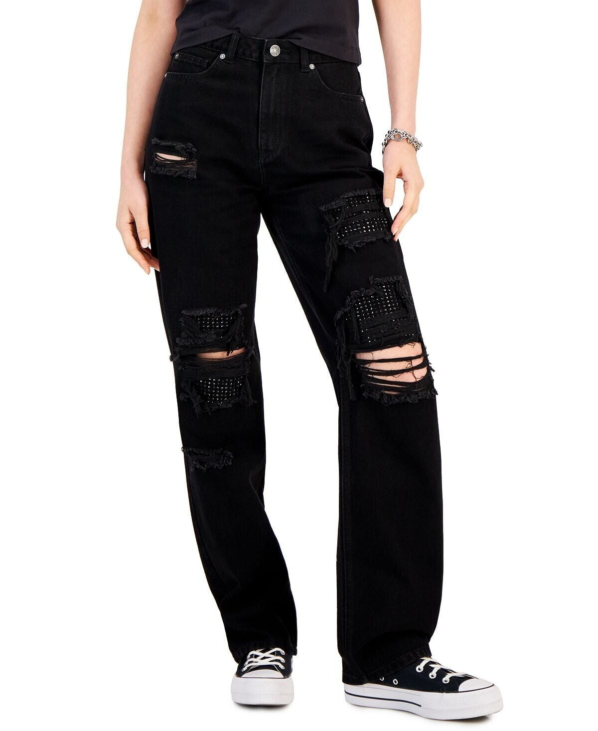 Gemma Rae Women's Juniors' Distressed High-Rise Jeans Black Gemma Rae Women's Juniors' Distressed High-Rise Jeans Black