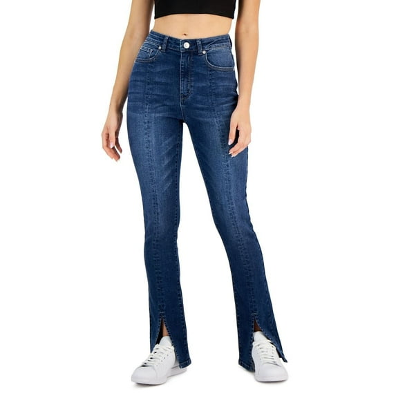 Gemma Rae Women's Juniors' Mixed-Media Slit Flare-Leg Jeans Blue 7 28x32.5 B4HP