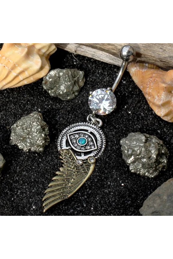 Gemmed Steampunk All Seeing Eye Navel Ring w/ Mechanical Wing Dangle Belly Ring