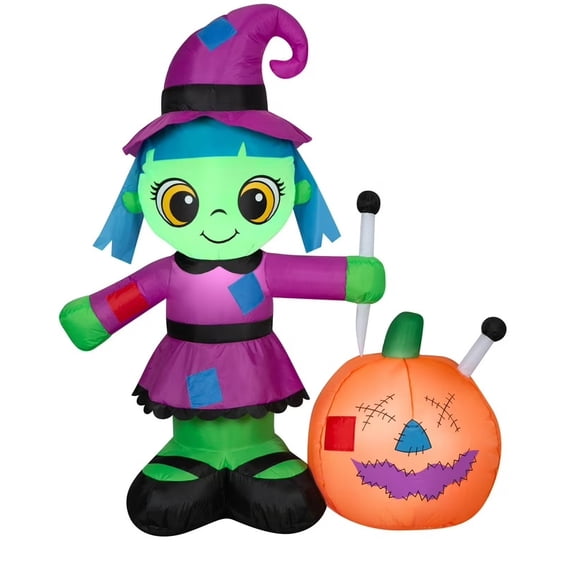 Gemmy 4.5 Ft Witch's First Hex Witch and Pumpkin Halloween Light Up Airblown Inflatable