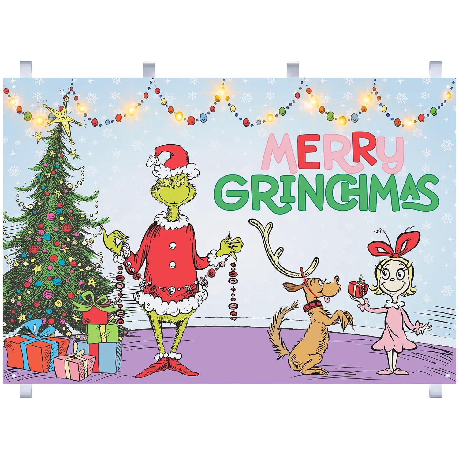 Gemmy 4.5 ft Dr. Seuss The Grinch Seasonal Backdrop with Lights - White