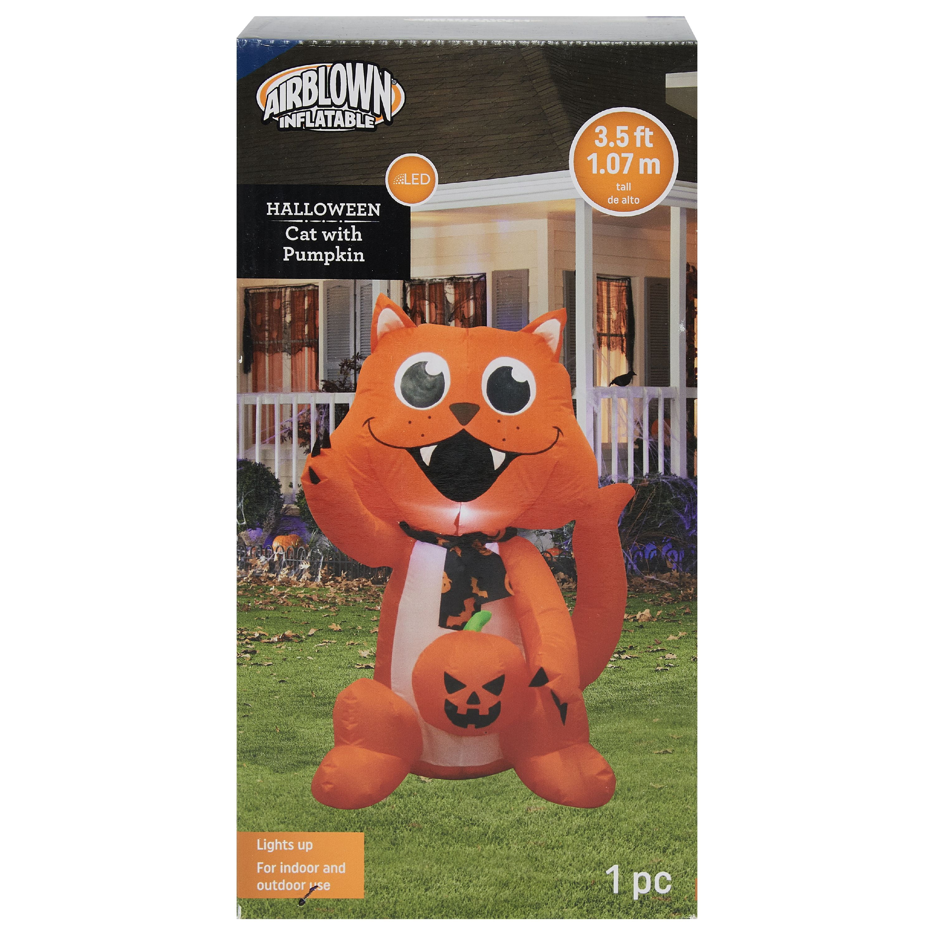 Gemmy Airblown Big Eyed Cat w/Scarf and Pumpkin (WM), 3.5 ft Tall, orange