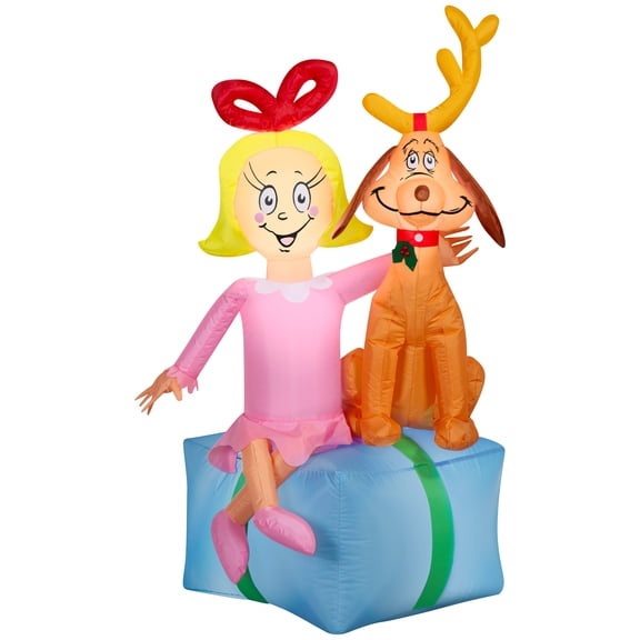Gemmy Airblown Dr. Seuss Cindy Lou Who and Max Present Scene Christmas Inflatable, 4-Ft, Animated LED Yard Decor