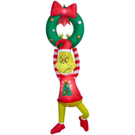 Gemmy Airblown Dr. Seuss Grinch Hanging from Wreath with Red Bow Christmas Inflatable, 6.5-Ft, LED Yard Decor