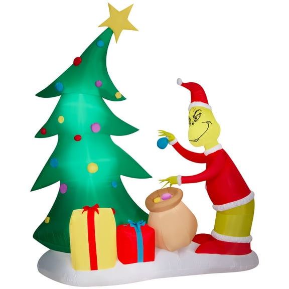 Gemmy Airblown Inflatable Grinch Putting Ornaments on Tree LG Scene Dr. Seuss , 8.5 ft Tall