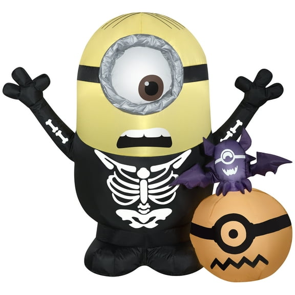 Gemmy Airblown Inflatable Minion Skeleton w/Pumpkin Scene Universal, 3 ft Tall, Multicolored