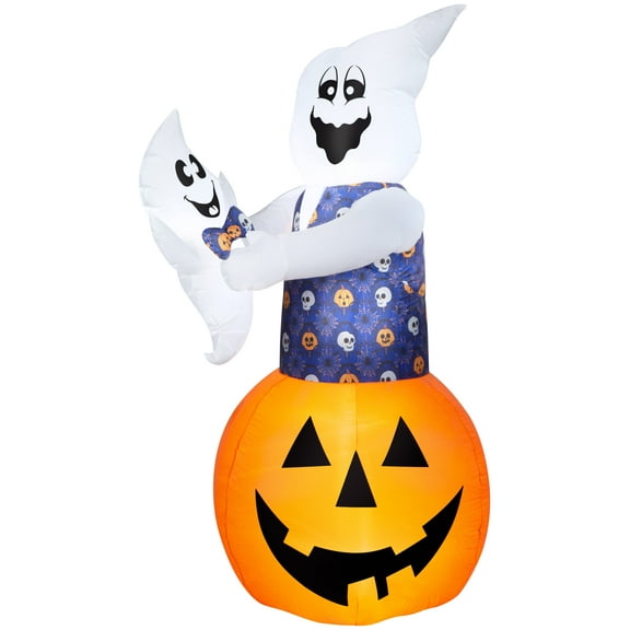 Gemmy Animated Airblown Inflatable Lifting Mixed Media Whimsical Damask Ghost w/Baby Scene, 6 ft Tall, Orange