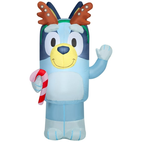 Gemmy Christmas Airblown Inflatable Bluey w/Antlers Holding Candy Cane Bluey, 3.5 ft Tall