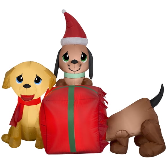 Gemmy Christmas Airblown Inflatable Present Puppies Scene, 4 ft Tall, Multicolored