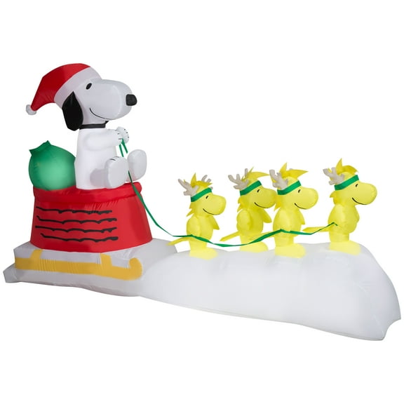 Peanuts Airblown Inflatable Snoopy in Dog Bowl Sleigh w/Woodstocks Scene Peanuts, 5 ft Tall