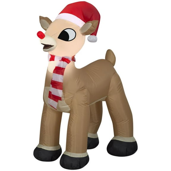 Gemmy Christmas Airblown Inflatable Standing Rudolph w/Santa Hat & Scarf, 3.5 ft Tall, Brown