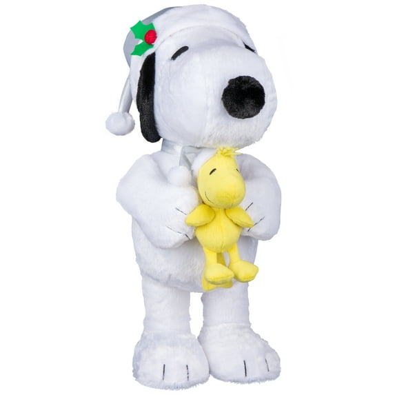 Gemmy Holiday Greeter Snoopy and Woodstock in Silver Santa Hats OPP Peanuts, white