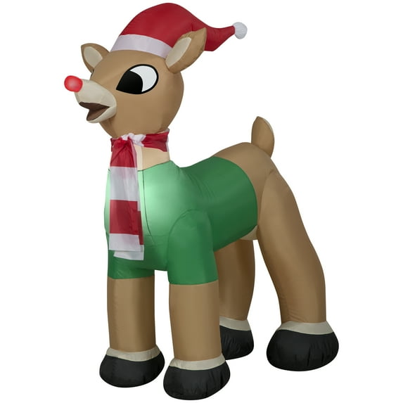 Gemmy Christmas Inflatable Rudolph the Red Nosed Reindeer in Santa Hat and Scarf, 3.5 ft Tall, Multi