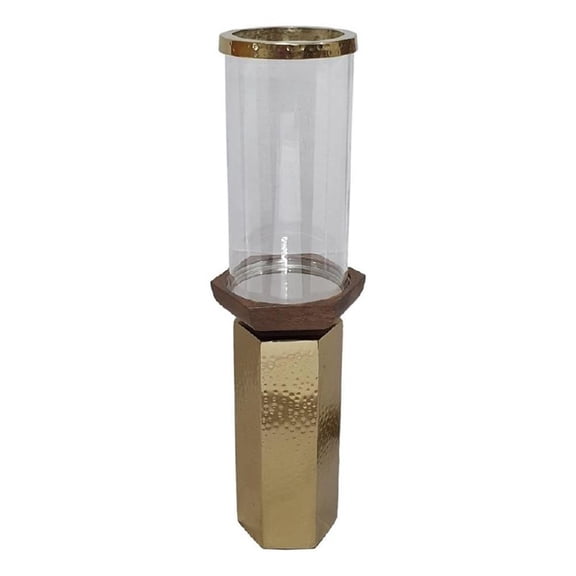 Gemo Hurricane Candle Holder with Gold Base- Mango Wood Accent 18 Inch