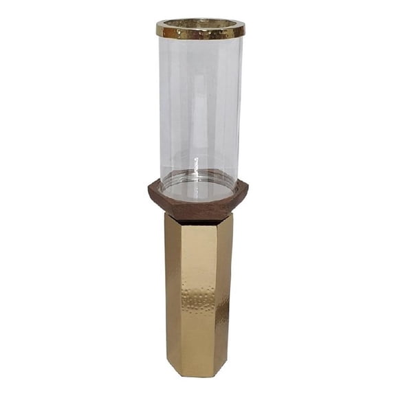 Gemo Hurricane Candle Holder with Gold Base- Mango Wood Accent 20 Inch