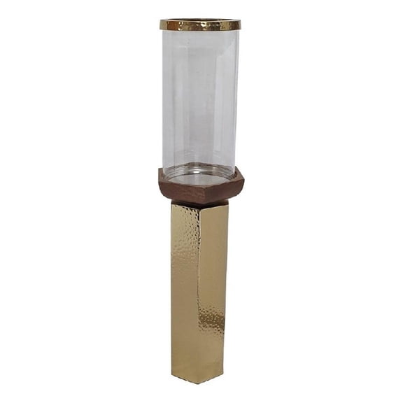 Gemo Hurricane Candle Holder with Gold Base- Mango Wood Accent 21 Inch